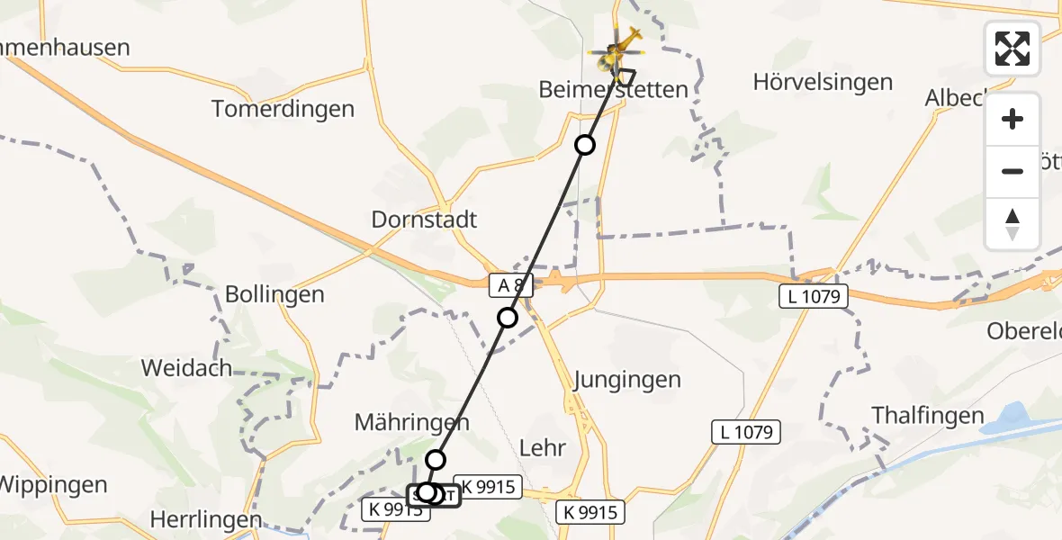 Flugroute Rettungshubschrauber Ulm Military Hospital Emergency - Beimerstetten, 08 Oktober 2026, 07:39