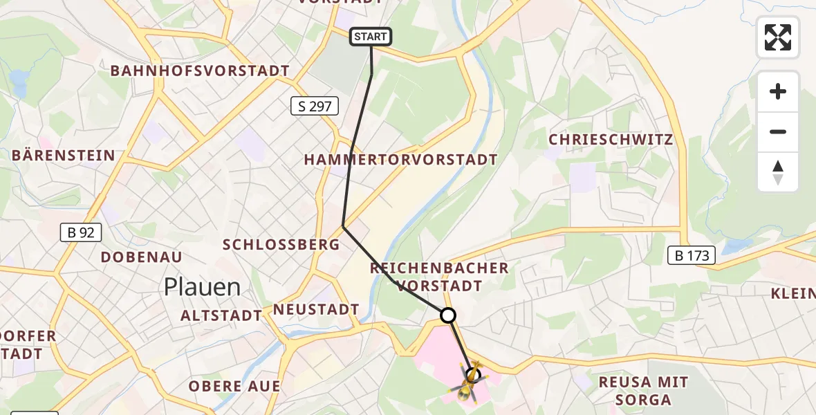 Flugroute Rettungshubschrauber Plauen - Helios Clinic Plauen, 08 Oktober 2026, 07:44