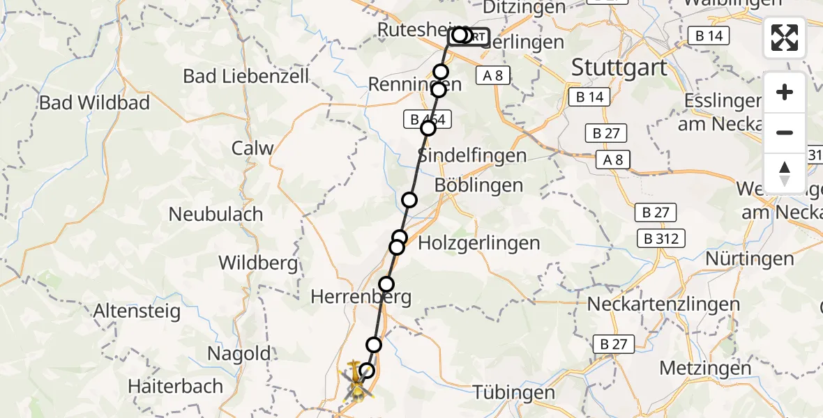 Flugroute Rettungshubschrauber Leonberg Hospital - Rottenburg am Neckar, 08 Oktober 2026, 07:46