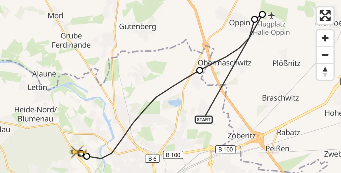 Flugroute Rettungshubschrauber Halle (Saale) - Halle (Saale) University Hospital, 08 Oktober 2026, 08:13