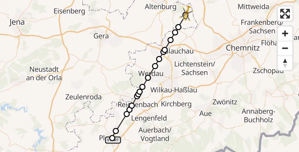 Flugroute Rettungshubschrauber Helios Clinic Plauen - Langenleuba-Niederhain, 08 Oktober 2026, 08:15