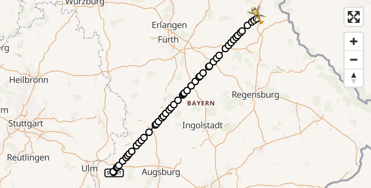 Flugroute Rettungshubschrauber Ichenhausen - Weiden i.d.OPf., 08 Oktober 2026, 08:27