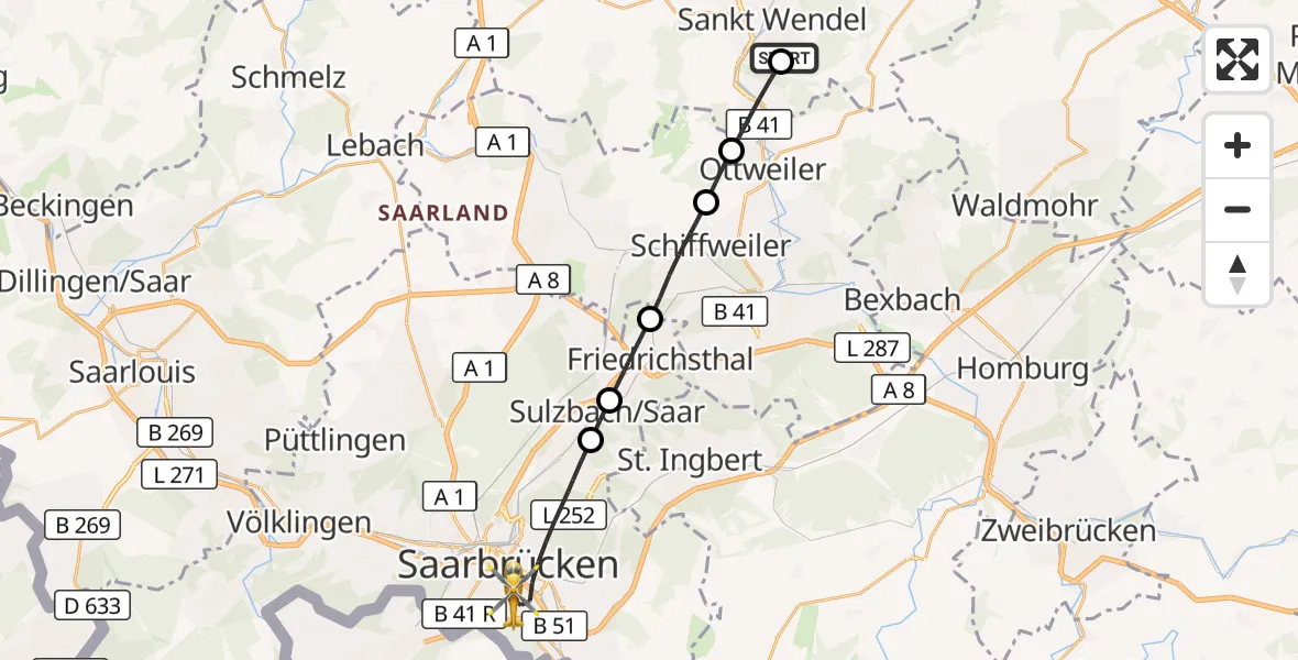Flugroute Rettungshubschrauber Marienhaus Hospital Sankt Wendel-Ottweiler - Saarbrücken, 08 Oktober 2026, 08:36