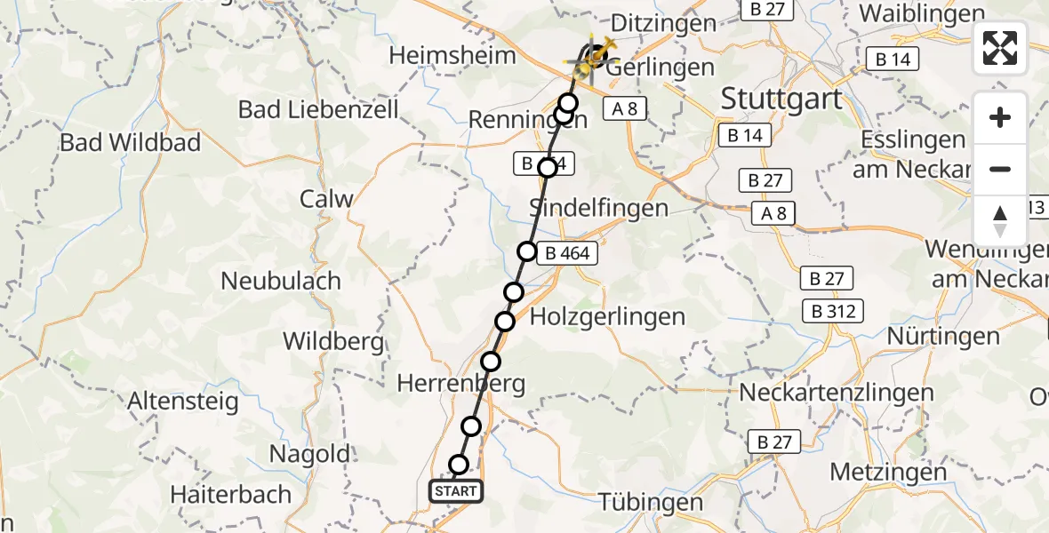 Flugroute Rettungshubschrauber Rottenburg am Neckar - Leonberg Hospital, 08 Oktober 2026, 08:39