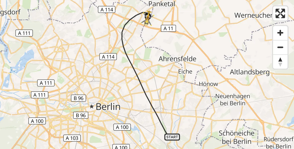 Flugroute Rettungshubschrauber Berlin - Helios Clinic Berlin-Buch, 08 Oktober 2026, 08:45