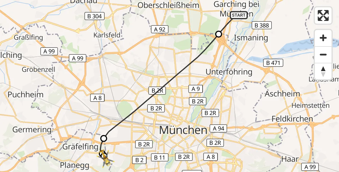 Flugroute Rettungshubschrauber Garching b.München - DRF Air Rescue München Hubschrauberlandeplatz, 08 Oktober 2026, 08:46