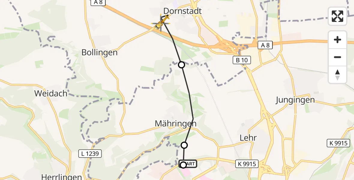 Flugroute Rettungshubschrauber Ulm Military Hospital Emergency - Dornstadt, 08 Oktober 2026, 09:05