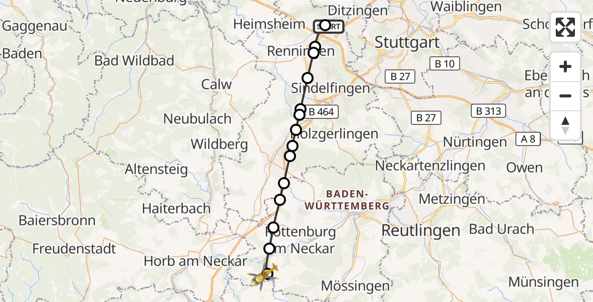 Flugroute Rettungshubschrauber Leonberg Hospital - Starzach, 08 Oktober 2026, 09:17