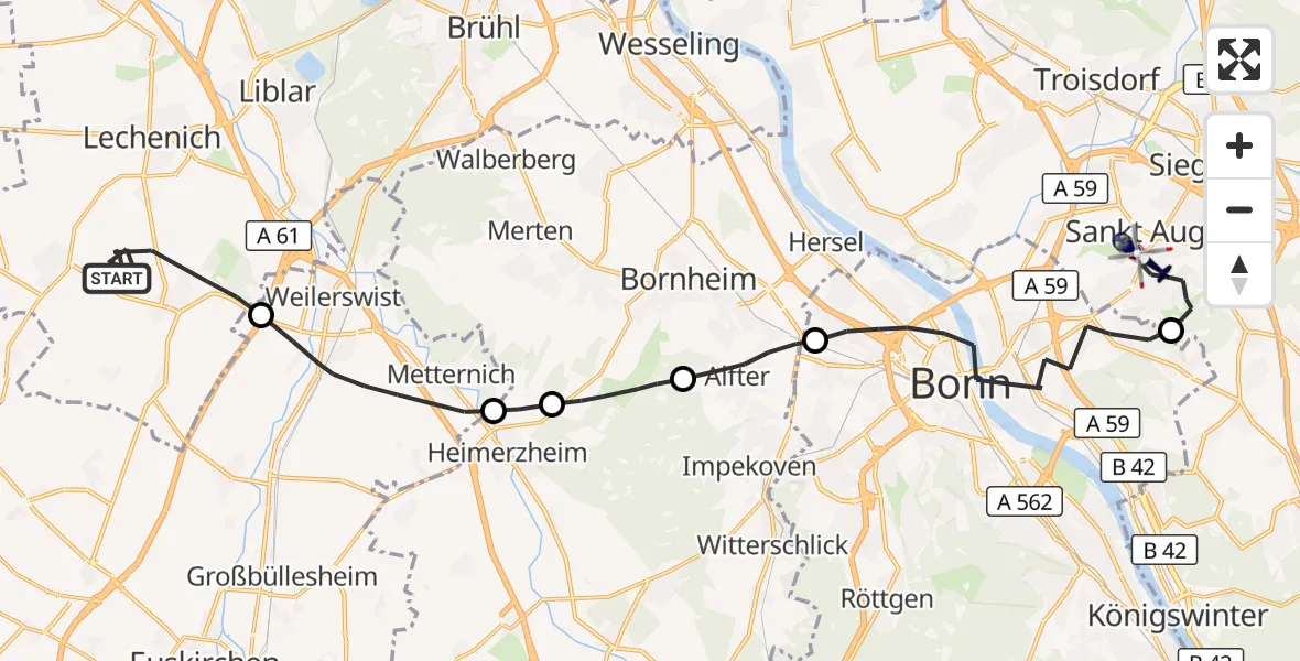 Flugroute Polizeihubschrauber Erftstadt - Sankt Augustin, 08 Oktober 2026, 09:17