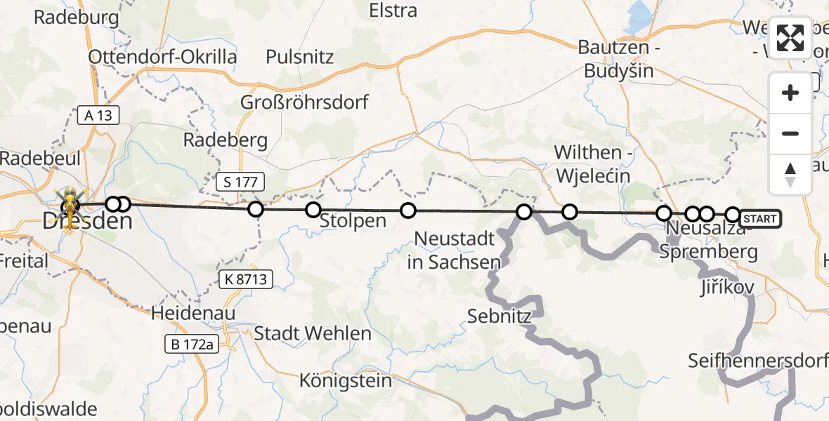 Flugroute Rettungshubschrauber Dürrhennersdorf - Dresden Friedrichstadt Hospital, 08 Oktober 2026, 09:18