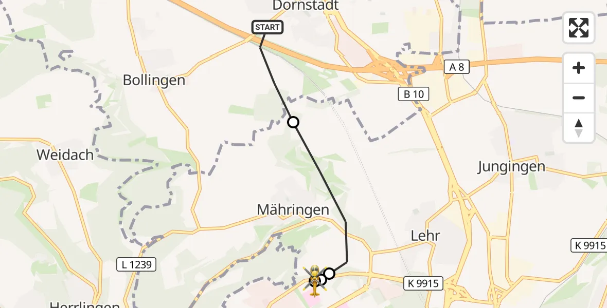 Flugroute Rettungshubschrauber Dornstadt - ADAC Air Rescue Station Ulm (Christoph 22), 08 Oktober 2026, 09:31