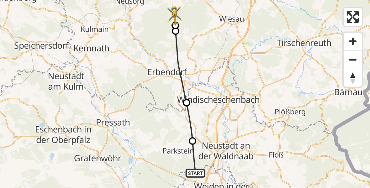 Flugroute Ambulanzhubschrauber Altenstadt a.d.Waldnaab - Waldershof, 08 Oktober 2026, 09:41