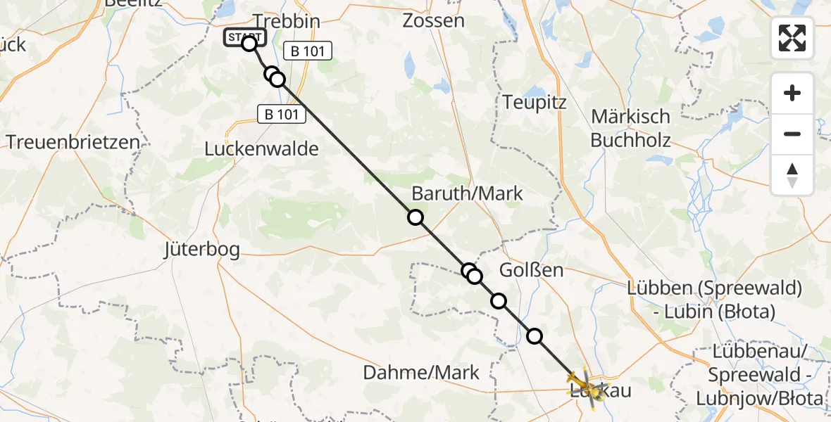 Flugroute Ambulanzhubschrauber Trebbin - Luckau, 08 Oktober 2026, 09:42