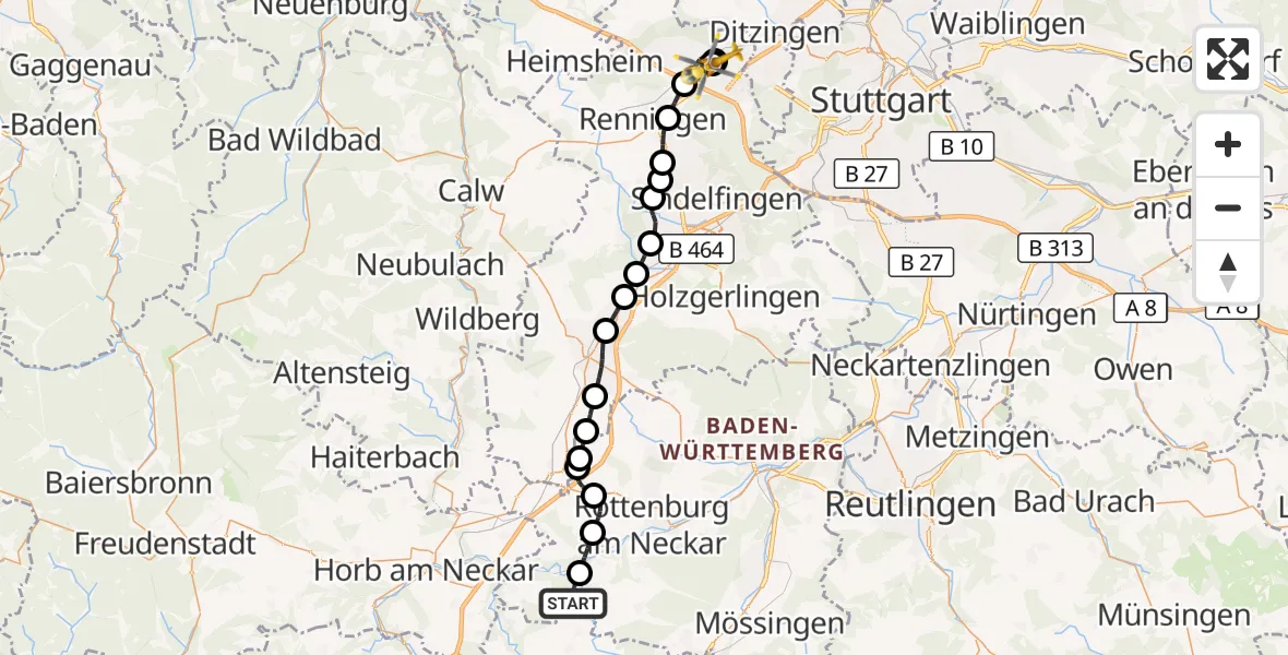 Flugroute Rettungshubschrauber Starzach - Leonberg Hospital, 08 Oktober 2026, 09:48