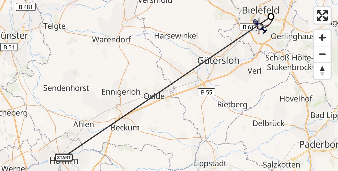 Flugroute Polizeihubschrauber Hamm-Lippewiesen Flugplatz - Luftrettungszentrum Bielefeld, 08 Oktober 2026, 10:05