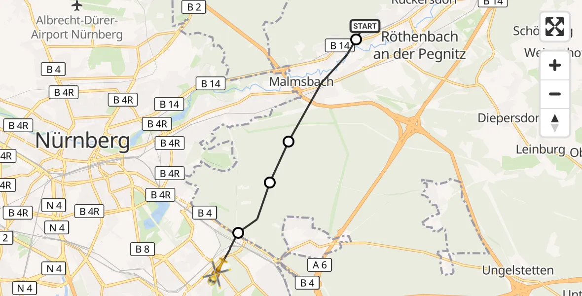 Flugroute Rettungshubschrauber Behringersdorfer Forst - Nürnberg South Hospital Hubschrauberlandeplatz, 08 Oktober 2026, 10:22