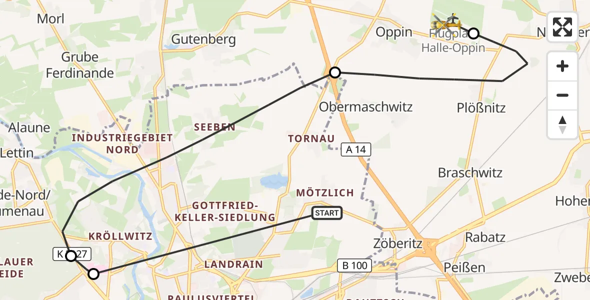 Flugroute Rettungshubschrauber Halle (Saale) - Halle-Oppin Flugplatz, 08 Oktober 2026, 10:33