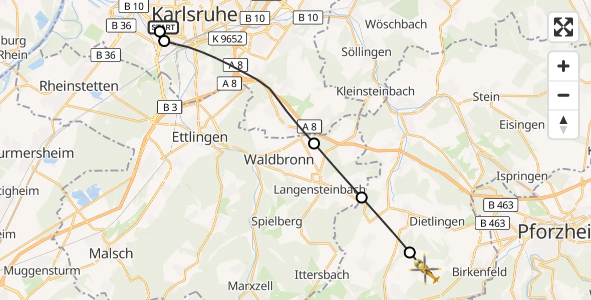 Flugroute Ambulanzhubschrauber Sankt Vincentius Hospital - Birkenfeld, 08 Oktober 2026, 10:35