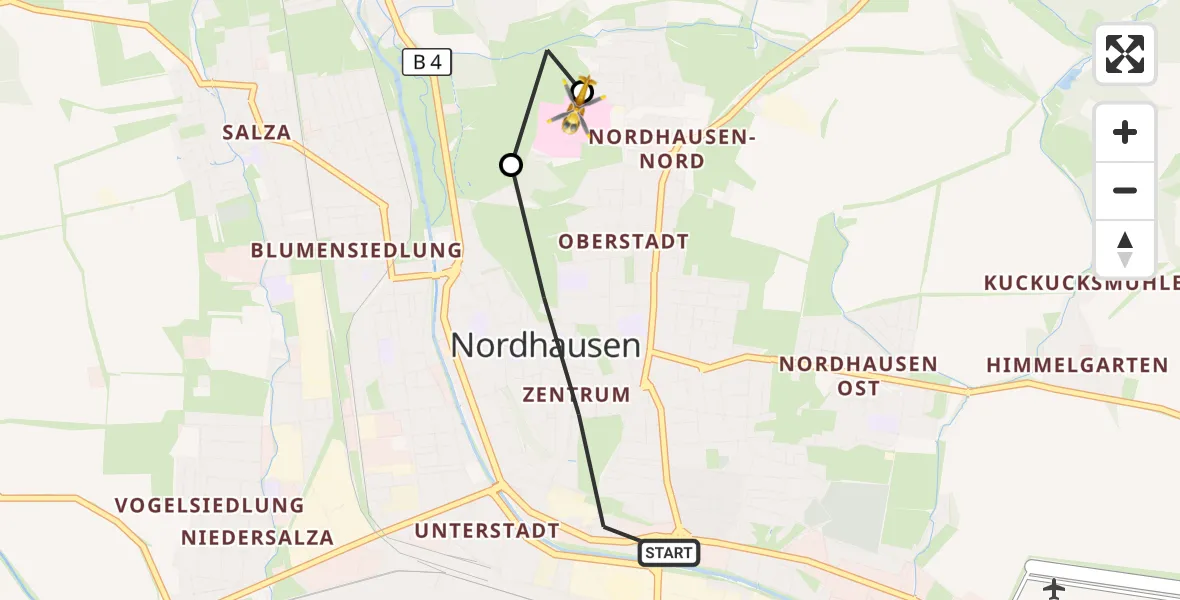 Flugroute Rettungshubschrauber Nordhausen - Südharz Hospital Nordhausen, 08 Oktober 2026, 10:44