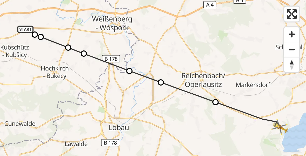Flugroute Rettungshubschrauber Bautzen Flugplatz - Markersdorf, 08 Oktober 2026, 10:49