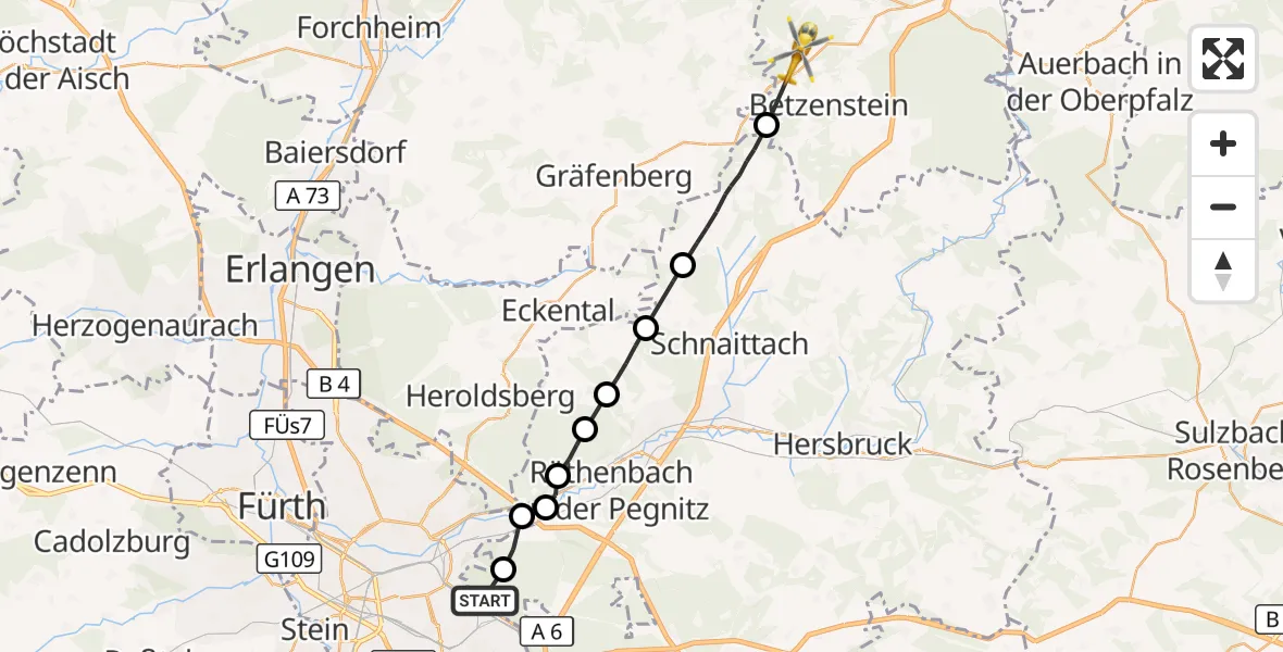 Flugroute Rettungshubschrauber Forsthof - Betzenstein, 08 Oktober 2026, 11:02