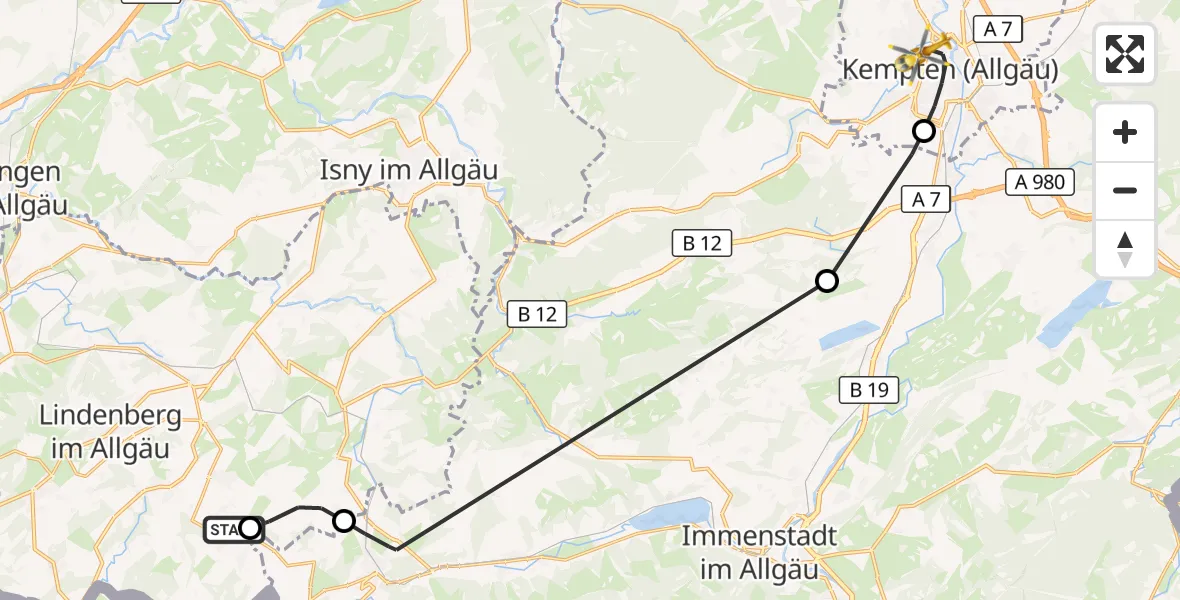 Flugroute Rettungshubschrauber Oberreute - Kempten (Allgäu), 08 Oktober 2026, 11:10