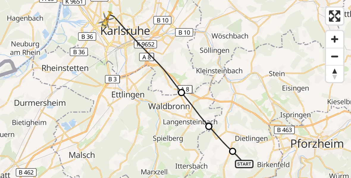 Flugroute Ambulanzhubschrauber Birkenfeld - Karlsruhe, 08 Oktober 2026, 11:34