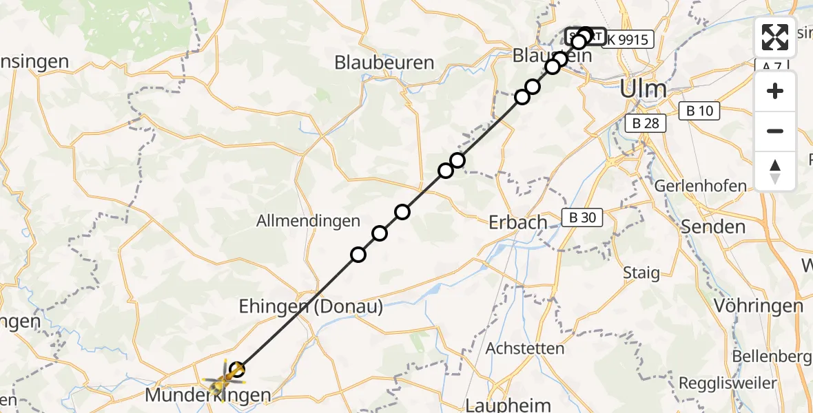 Flugroute Rettungshubschrauber Ulm Military Hospital Emergency - Munderkingen, 08 Oktober 2026, 11:35