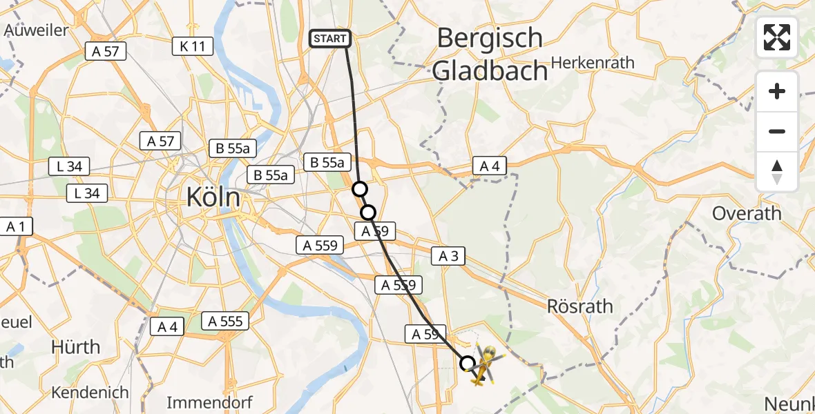 Flugroute Rettungshubschrauber Köln - Köln Bonn Flughafen, 08 Oktober 2026, 11:37
