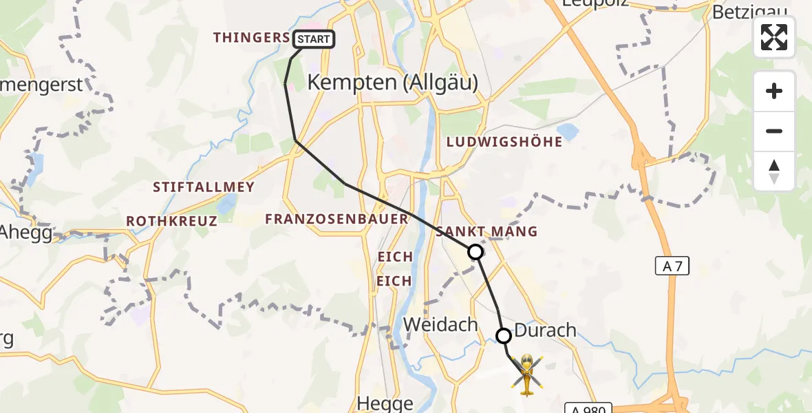 Flugroute Rettungshubschrauber Kempten (Allgäu) - Kempten-Durach Flugplatz, 08 Oktober 2026, 11:37