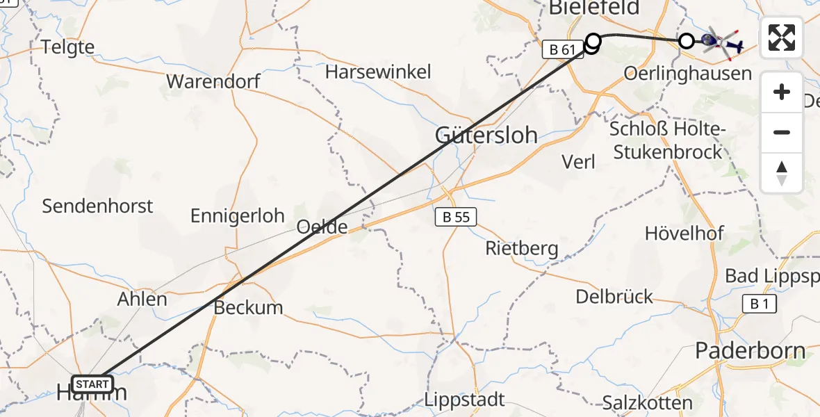 Flugroute Polizeihubschrauber Hamm-Lippewiesen Flugplatz - Leopoldshöhe, 08 Oktober 2026, 11:38