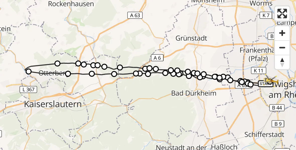 Flugroute Rettungshubschrauber Ludwigshafen am Rhein - Ludwigshafen Accident Hospital, 08 Oktober 2026, 11:50