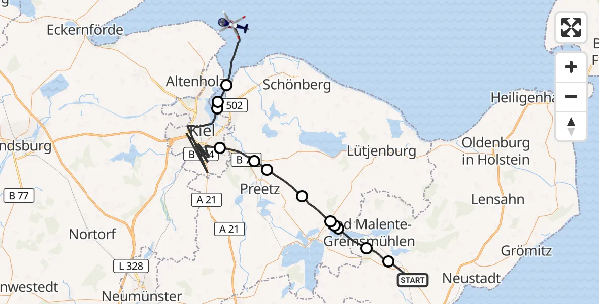 Flugroute Polizeihubschrauber Süsel - Kiel, 08 Oktober 2026, 11:57
