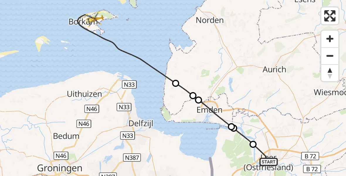 Flugroute Ambulanzhubschrauber Leer (Ostfriesland) - Noordzee, 08 Oktober 2026, 12:02