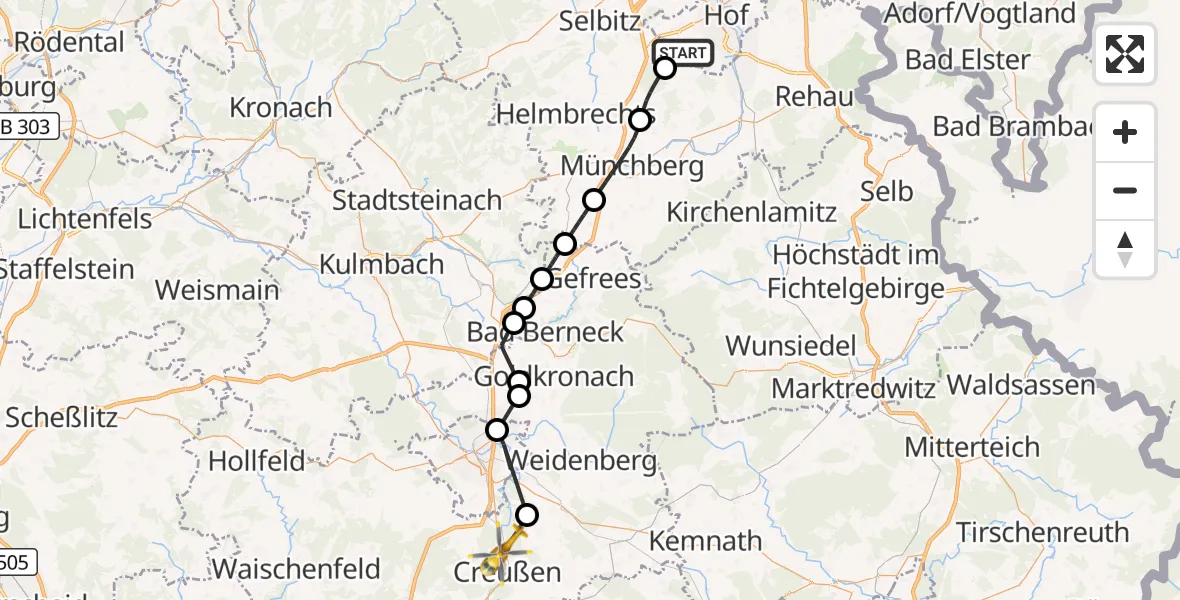 Flugroute Rettungshubschrauber Hof-Plauen Flughafen - Creußen, 08 Oktober 2026, 12:18