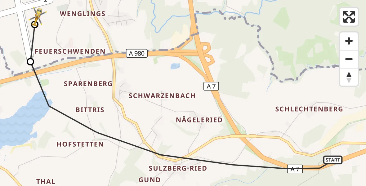 Flugroute Rettungshubschrauber Sulzberg - Kempten-Durach Flugplatz, 08 Oktober 2026, 12:23