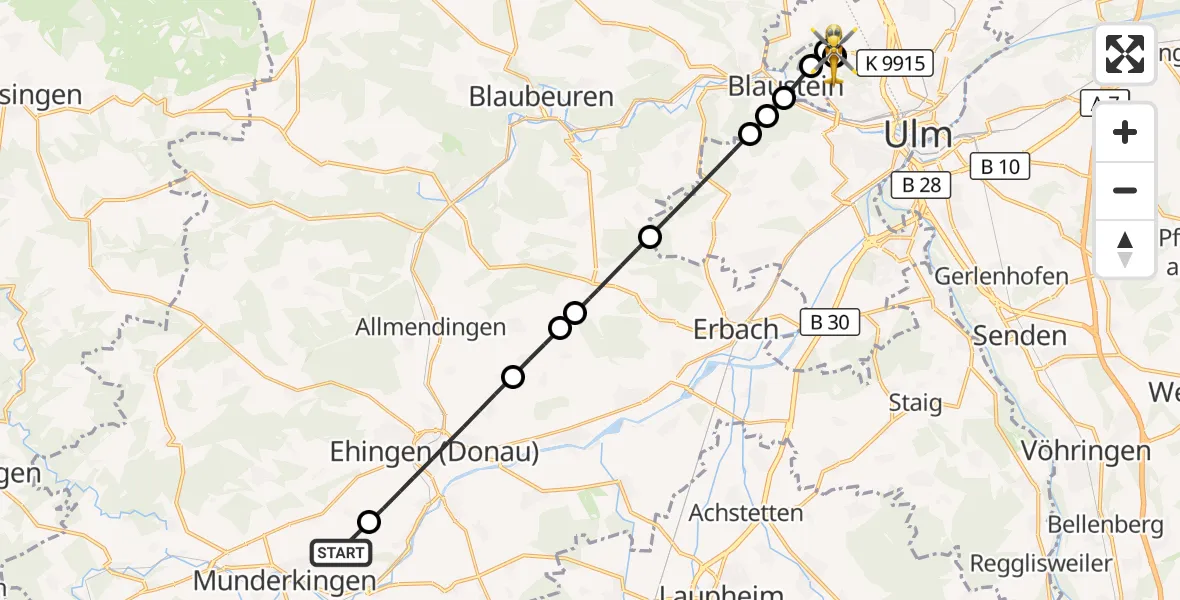 Flugroute Rettungshubschrauber Rottenacker - ADAC Air Rescue Station Ulm (Christoph 22), 08 Oktober 2026, 12:27