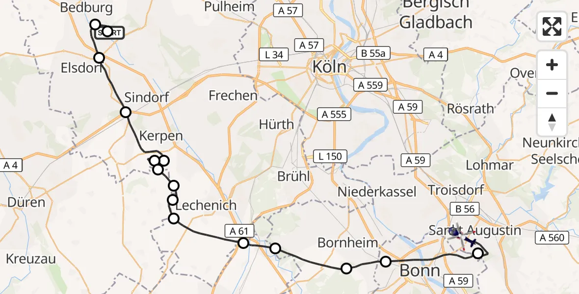 Flugroute Polizeihubschrauber Bergheim - Bonn-Hangelar Flugplatz, 08 Oktober 2026, 12:50