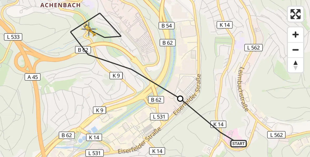 Flugroute Rettungshubschrauber Evangelisches Jung-Stilling Hospital - Siegen, 08 Oktober 2026, 12:50