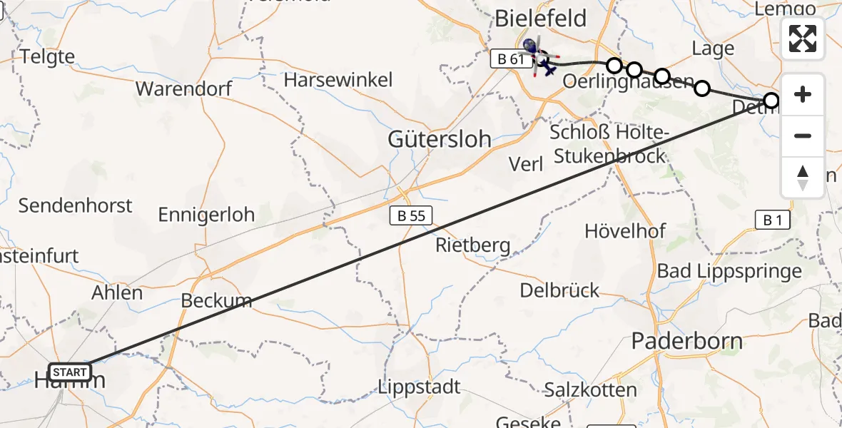Flugroute Polizeihubschrauber Hamm-Lippewiesen Flugplatz - Luftrettungszentrum Bielefeld, 08 Oktober 2026, 12:50