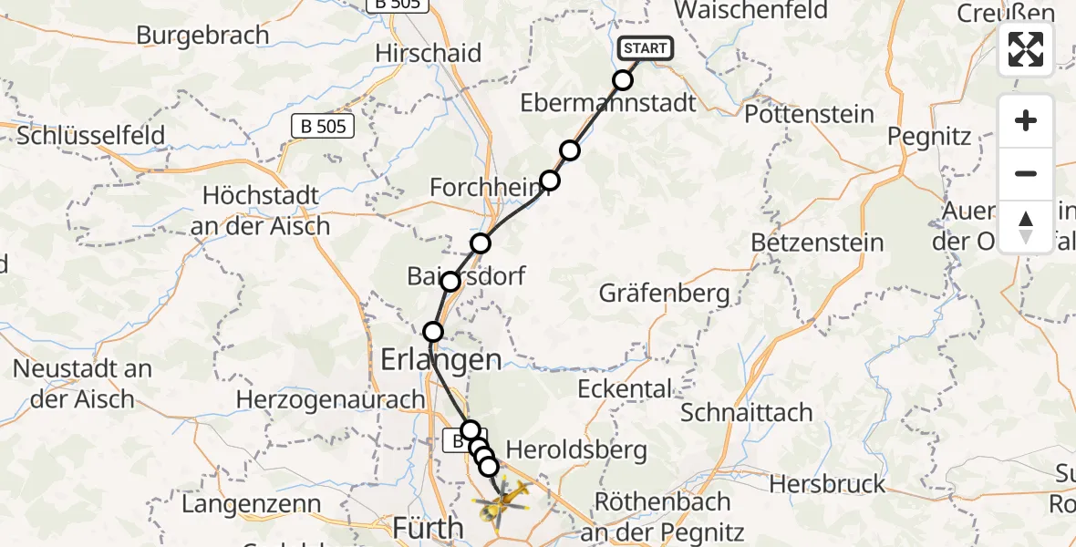 Flugroute Rettungshubschrauber Wiesenttal - Flughafen Nuremberg, 08 Oktober 2026, 12:54