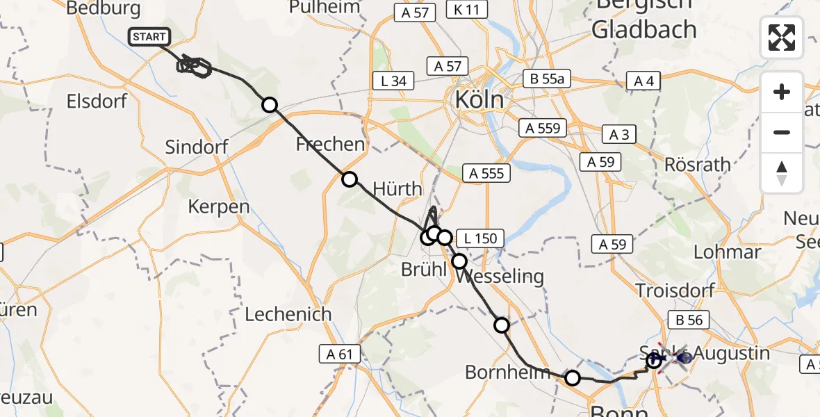 Flugroute Polizeihubschrauber Bergheim - Sankt Augustin, 08 Oktober 2026, 13:06