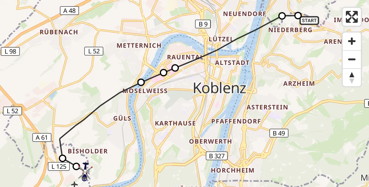 Flugroute Polizeihubschrauber Koblenz - Koblenz-Winningen Flugplatz, 08 Oktober 2026, 13:10