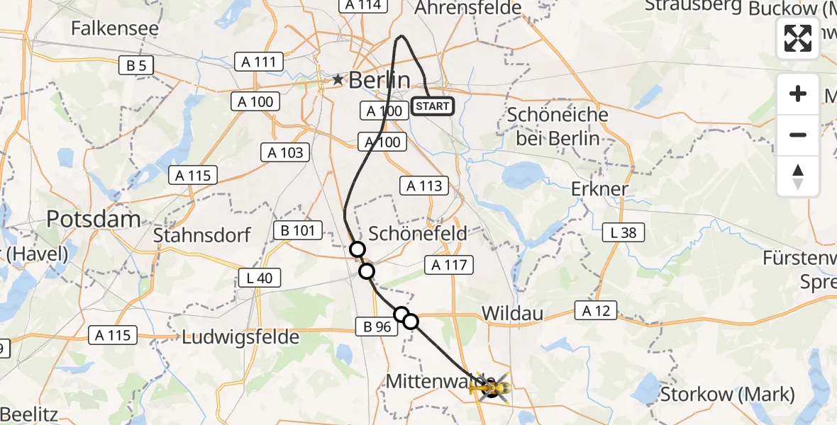 Flugroute Rettungshubschrauber Berlin - Mittenwalde, 08 Oktober 2026, 13:11