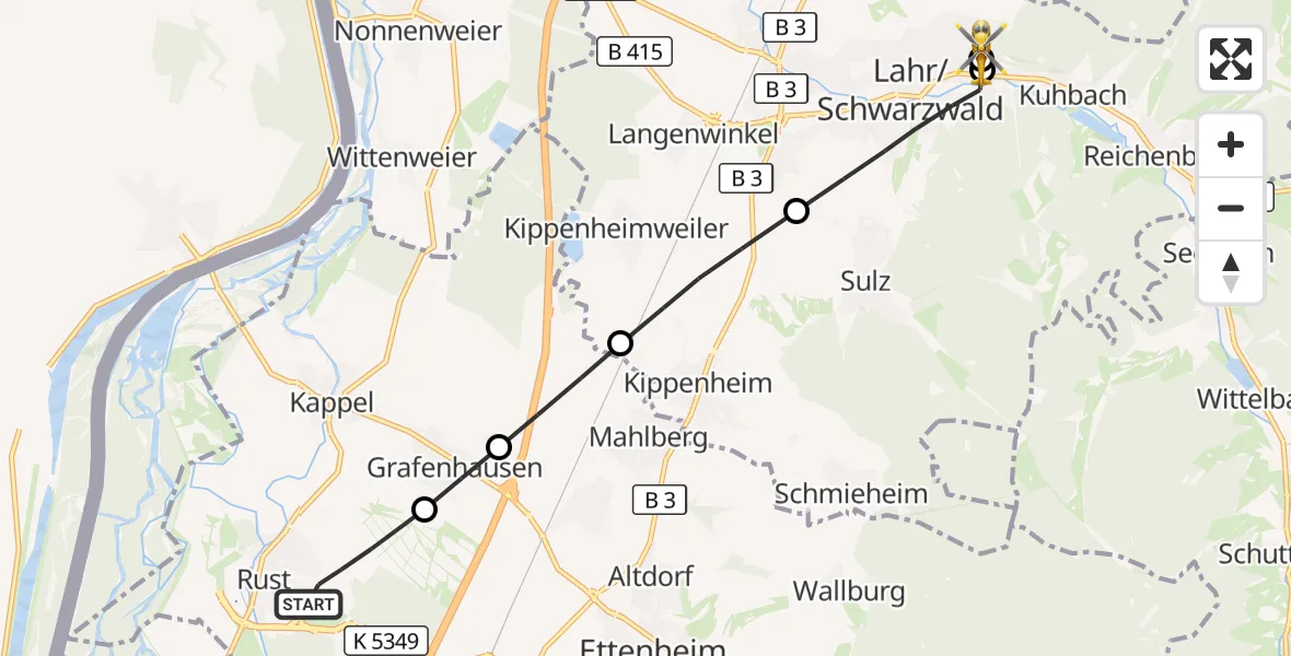 Flugroute Rettungshubschrauber Rust - Ortenau Hospital Lahr-Ettenheim, 08 Oktober 2026, 13:14