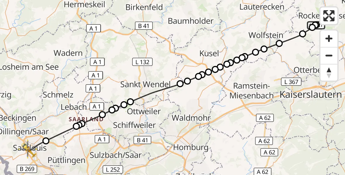 Flugroute Rettungshubschrauber Rockenhausen - Saarlouis, 08 Oktober 2026, 13:17