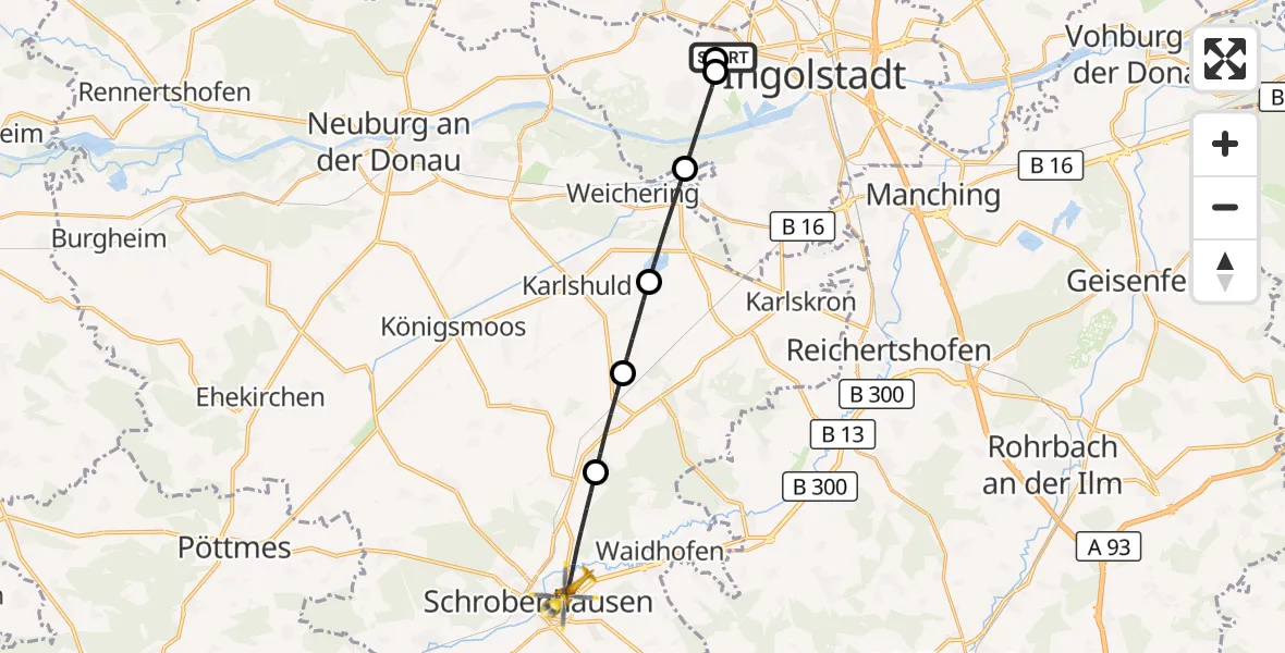 Flugroute Rettungshubschrauber Ingolstadt Hospital - Schrobenhausen, 08 Oktober 2026, 13:17