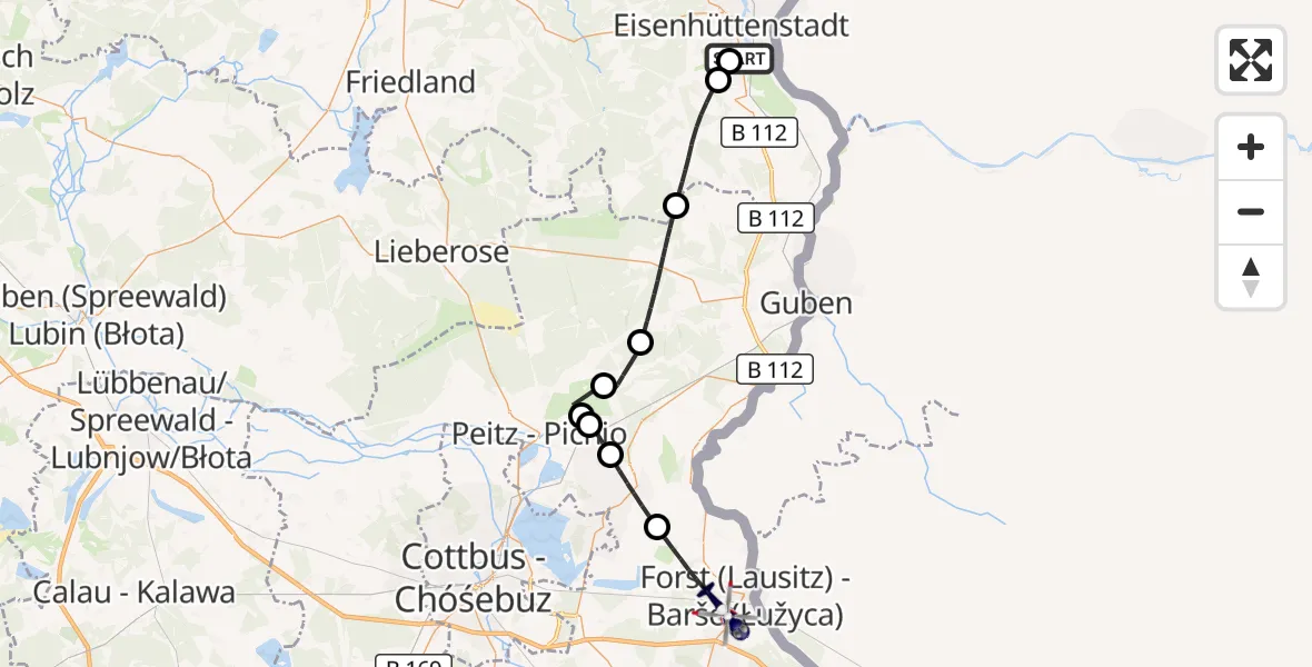 Flugroute Polizeihubschrauber Eisenhüttenstadt - Forst (Lausitz), 08 Oktober 2026, 13:22