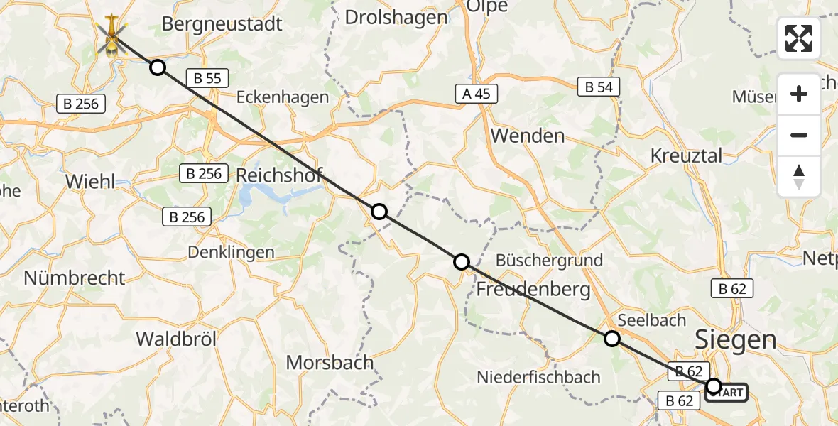 Flugroute Rettungshubschrauber Evangelisches Jung-Stilling Hospital - Gummersbach, 08 Oktober 2026, 13:42