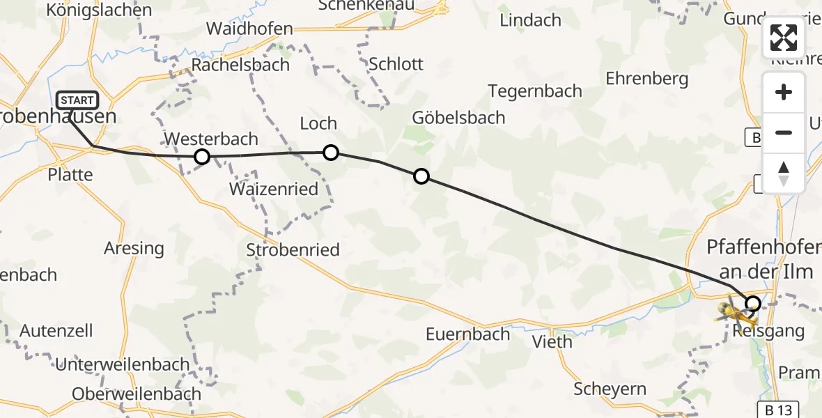 Flugroute Rettungshubschrauber Schrobenhausen - Ilmtal Hospital Pfaffenhofen, 08 Oktober 2026, 13:42